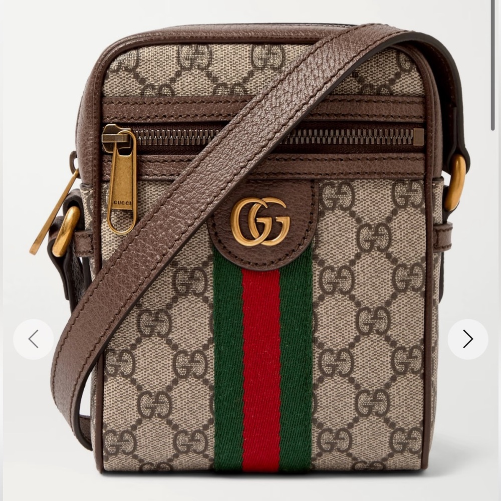 GUCCI Ophidia Mini Leather-Trimmed Monogrammed Coated-Canvas Messenger Bag